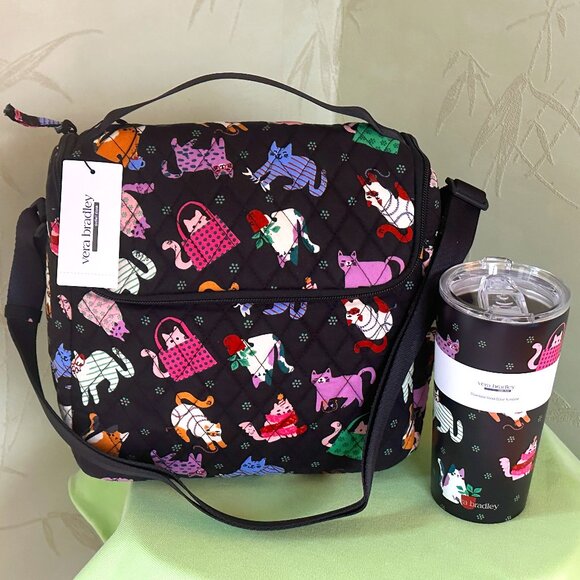 VERA BRADLEY HERDING CATS LUNCH CROSSBODY BAG + STAINLESS TUMBLER (SET):NWT CAT - Picture 1 of 13